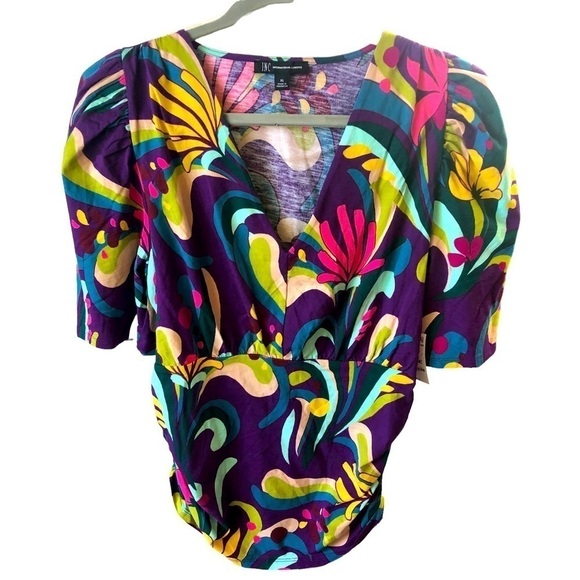 NEW INC Cotton Popover Top Women XL Multicolor Abstract Floral  Short Sleeves - Picture 1 of 10